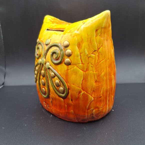 Vintage Ceramic Fitz & Floyd Owl Coin Bank Embossed Floral Orange-Green READ - Picture 3 of 8